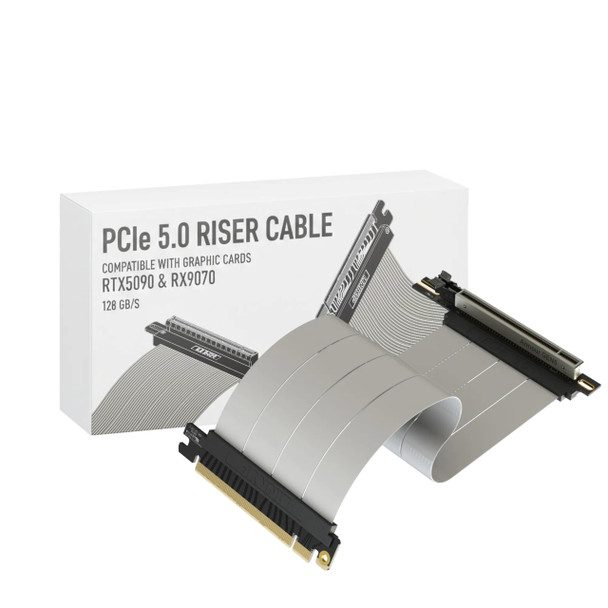 LINKUP - AVA5 PCIE 5.0 Riser Cable | RTX5090 RX9070 GPU Ready | x16 128GB/s Speed | Compatible with PCIe 4.0 & WRX80/WRX90E | Right Angle Ver.4, White 25cm (Total Length 29cm)