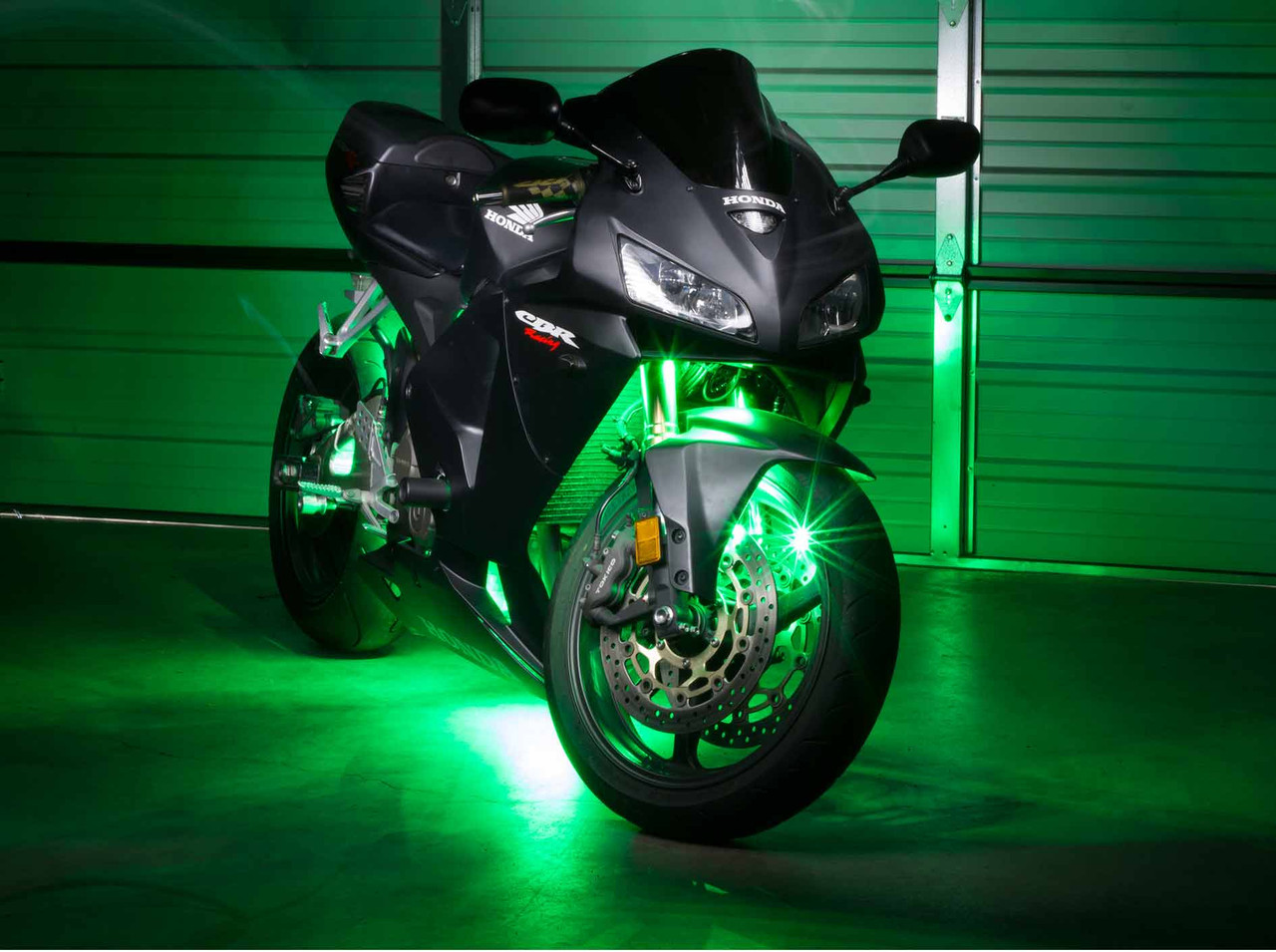Green Motorcycle LED Neon Accent Lighting Kit with 10 Chrome LED Light Pods