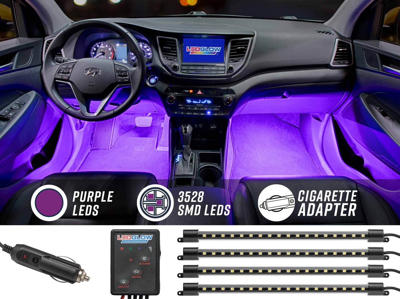 LEDGlow 4pc Purple LED Interior Underdash Lighting Kit