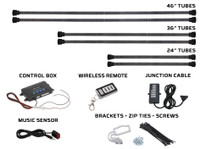 6pc Million Color Wireless SMD Truck Underbody Lighting Tubes, Control Box, Wireless Remote, Junction Cable, Music Sensor & Installation Accessories