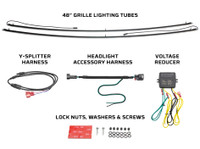 Includes 2x 48" Grille Light Tubes, Headlight Accessory Harness, Y-Splitter Harness, Voltage Reducer, Lock Nuts, Washers, Screws and Double-Sided Tape