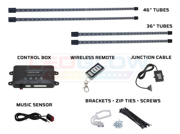 4pc Yellow Wireless SMD Underbody Tubes, Control Box, Wireless Remote, Junction Cable, Music Sensor & Installation Accessories