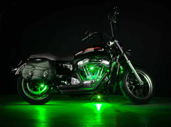 Green LED Pod Lights on Motorcycle