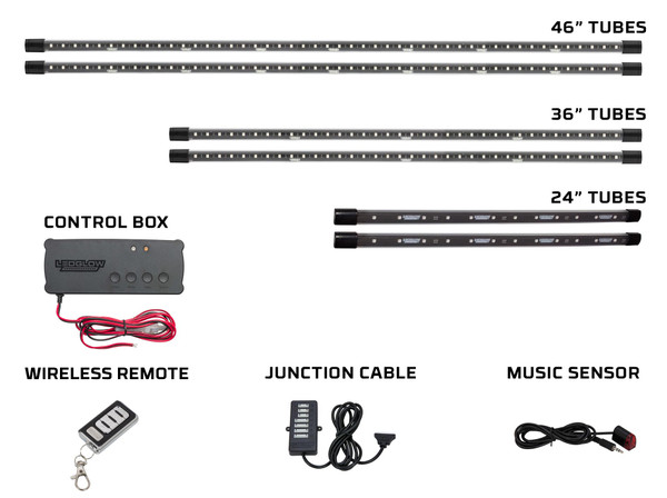 6pc Million Color Wireless SMD Truck Underbody Lighting Tubes, Control Box, Wireless Remote, Junction Cable, Music Sensor & Installation Accessories