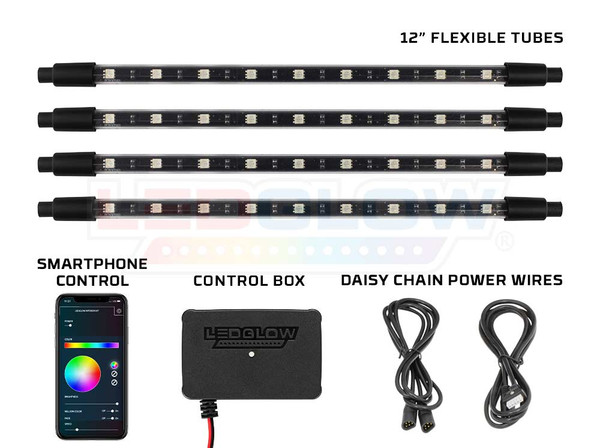 4pc Million Color SMD LED Interior Light Kit with Smartphone Control, Bluetooth Control Box & 12" Tubes
