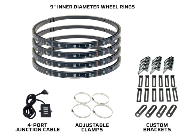 Includes 9" Wheel Rings, Custom Brackets, Adjustable Clamps, Junction Cable & Mounting Hardware