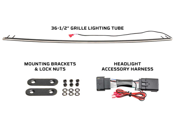 Includes 36-1/2” Grille Light Tube, Headlight Accessory Harness, Mounting Brackets & Lock Nuts