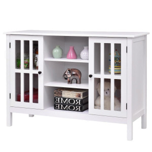 White Wood Sofa Table Console Cabinet with Tempered Glass Panel Doors Q280-WTSCA115952904