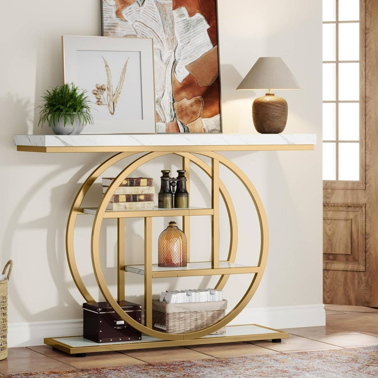 Modern Round Gold Metal Frame Foyer Console Table with White Faux Marble Shelves Q280-WHTGLDCT13976431