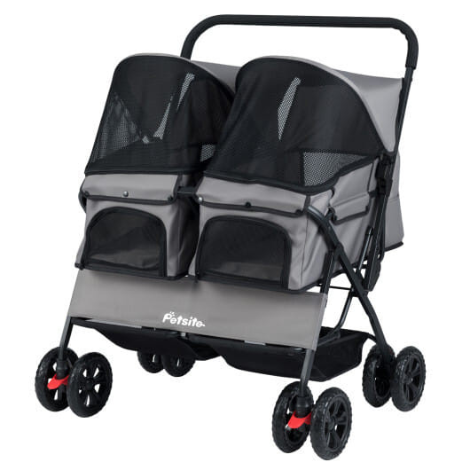 Foldable Double Pet Stroller with Adjustable Sunshade and Storage Basket-Gray - Color: Gray D681-PW10142GR