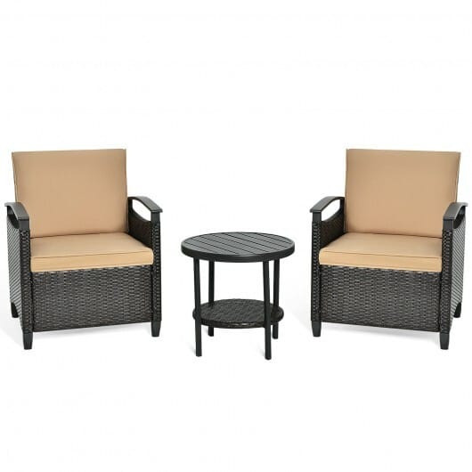 3 Pieces Patio Rattan Furniture Set Cushioned Sofa Storage Table with Shelf Garden B593-HW64401