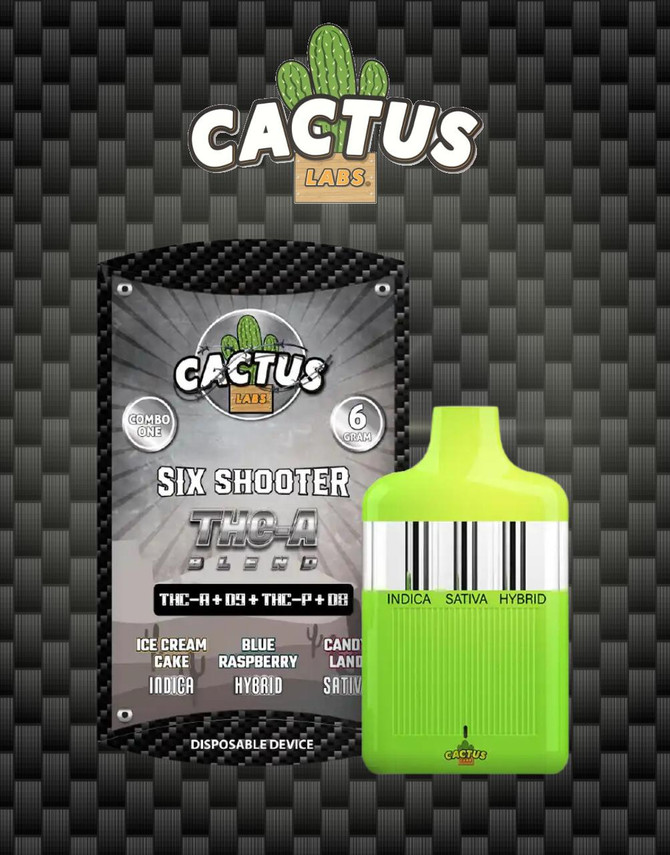 Cactus Labs 6000MG Six Shooter 3-in-1 Disposable | THC-A Blend | Ice Cream Cake (Indica) + Blue Raspberry (Hybrid) + Candy Land (Sativa) by Cactus Labs 