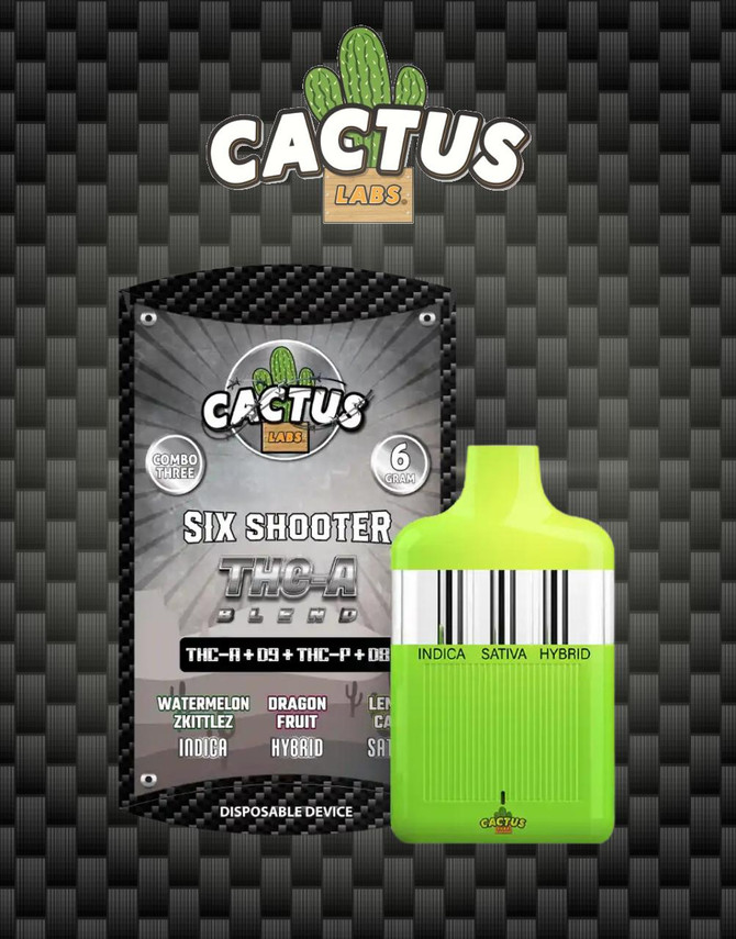 Cactus Labs 6000MG Six Shooter 3-in-1 Disposable | THC-A Blend | Watermelon Zkittlez (Indica) + Dragon Fruit (Hybrid) + Lemon Cake (Sativa) by Cactus Labs 