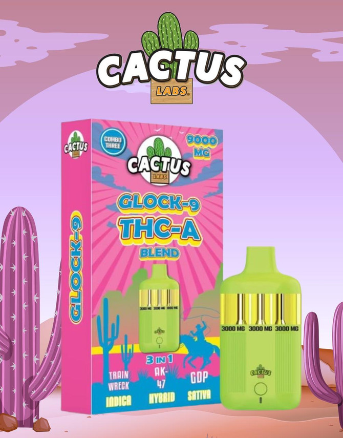 Cactus Labs 9G Glock-9 Disposable | THC-A Blend | Combo 3:  Train Wreck (Indica), AK-47 (Hybrid), GDP (Sativa) by Cactus Labs 