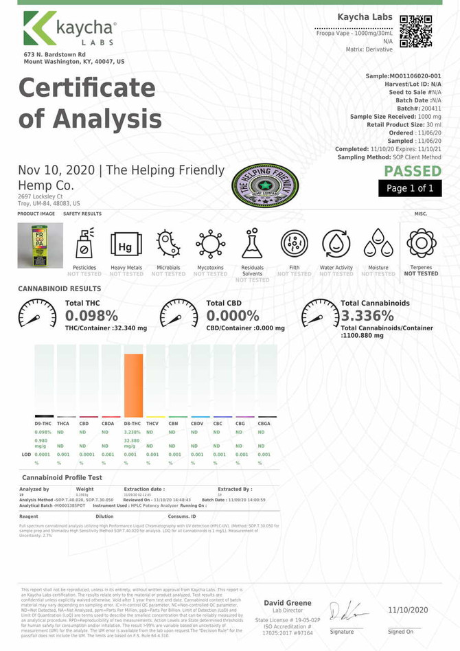 The Helping Friendly Hemp Company | Froopa 1000mg | Delta 8 Eliquid COA