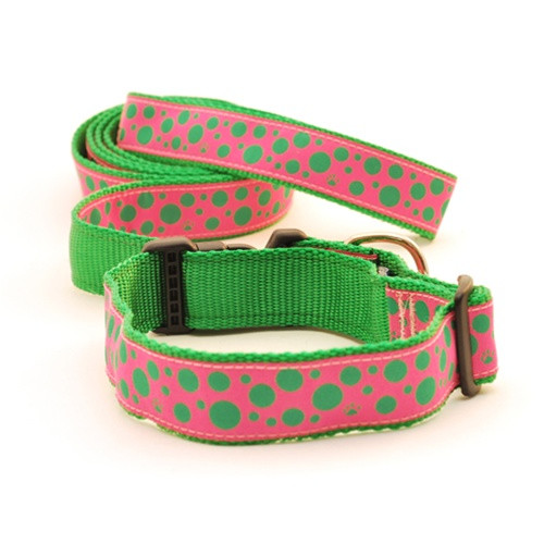 Polka Paws--Green on Pink (Leashes)