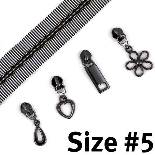 #5 Zipper Tape 3m (118") B&W Stripe Gunmetal w/8 pulls