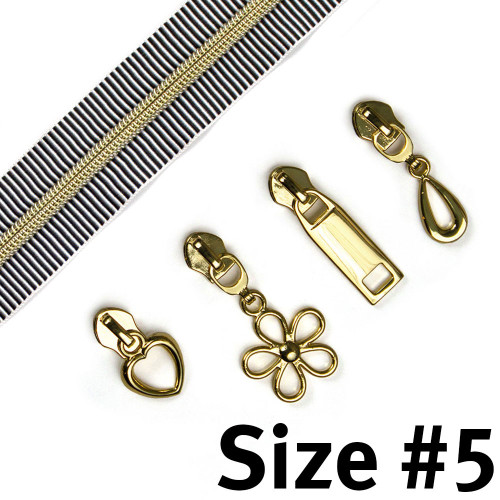#5 Zipper Tape 3m (118") B&W Stripe Gold w/8 pulls