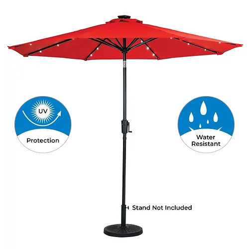 Sun-Ray 9' Round Solar Lighted Umbrella - Aluminum - 8Rib-Scarlet