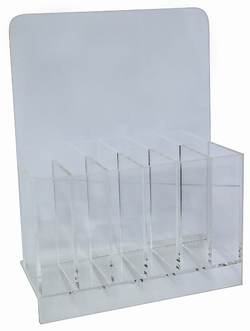 Practical Clear File Stand for a variety of files, Clear stand divided into 6 sections, Each section measures 2.2width x 8length x 4.5depth cm, Fits about 10 files in each section.
