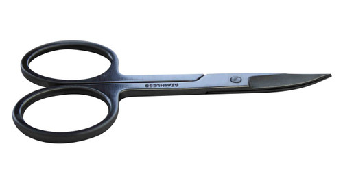 Small stainless steel scissors with 2.5 cm curved blade.