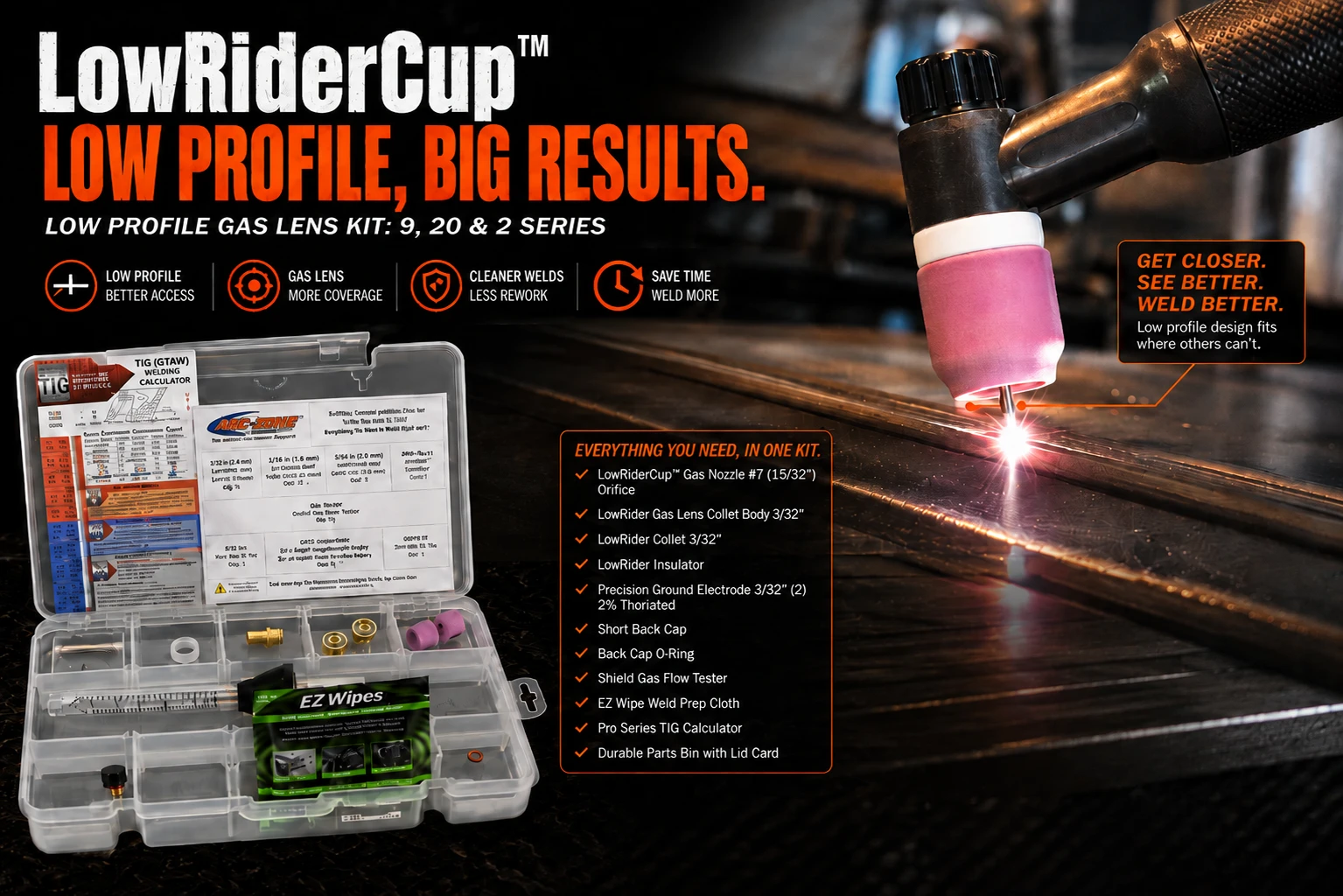 Arc-Zone Pro LowRiderCup Low Profile Gas Lens Kit A-LRPRO-2 for 9, 20 and 2 Series TIG torches