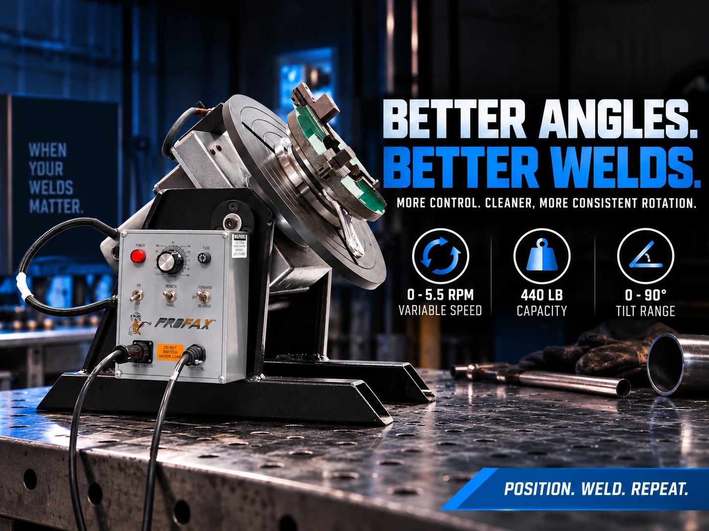 PROFAX WP-250 welding positioner shown with optional chuck