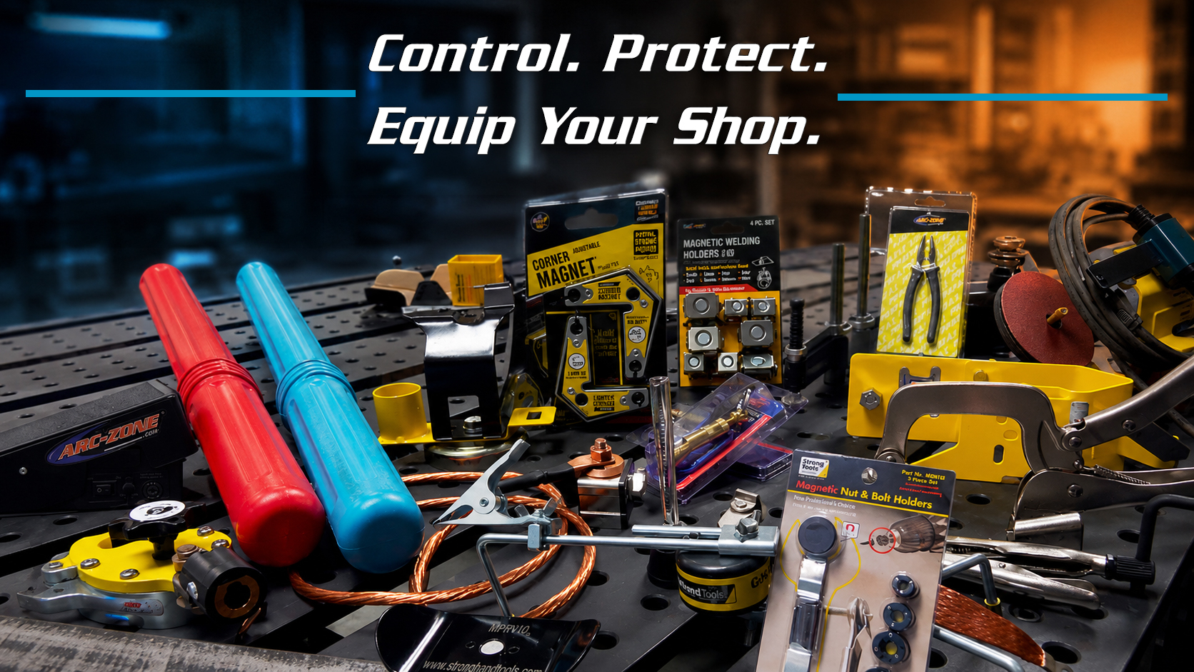 TIG welding controls, protective welding gear and shop tools