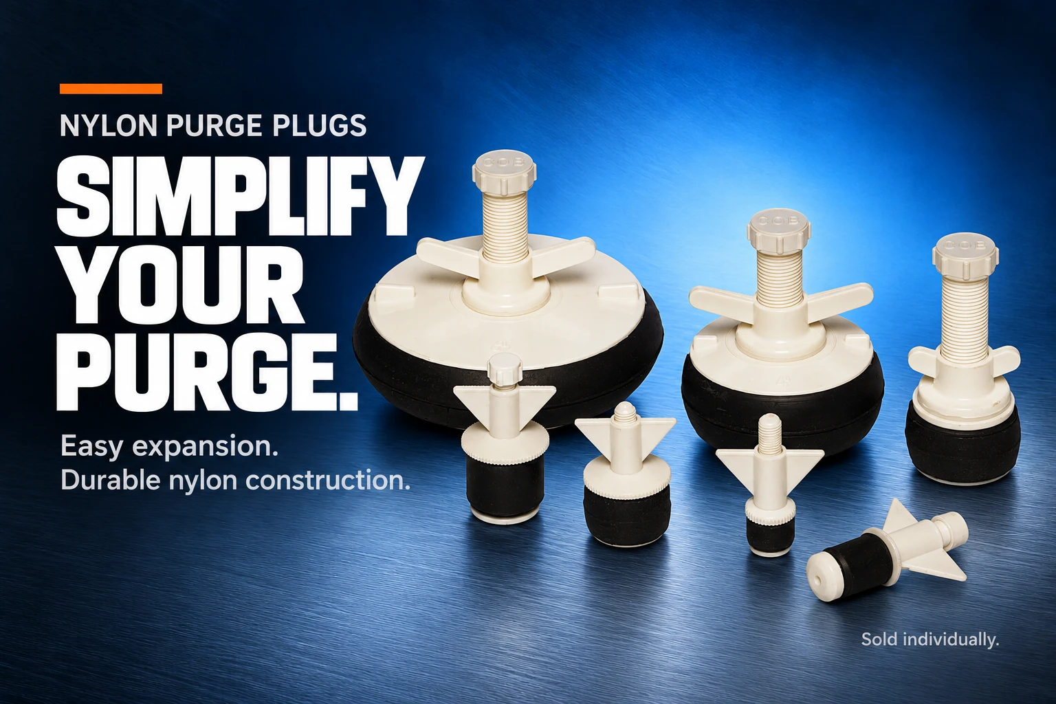 Nylon tube and pipe purge plug sizes, sold individually