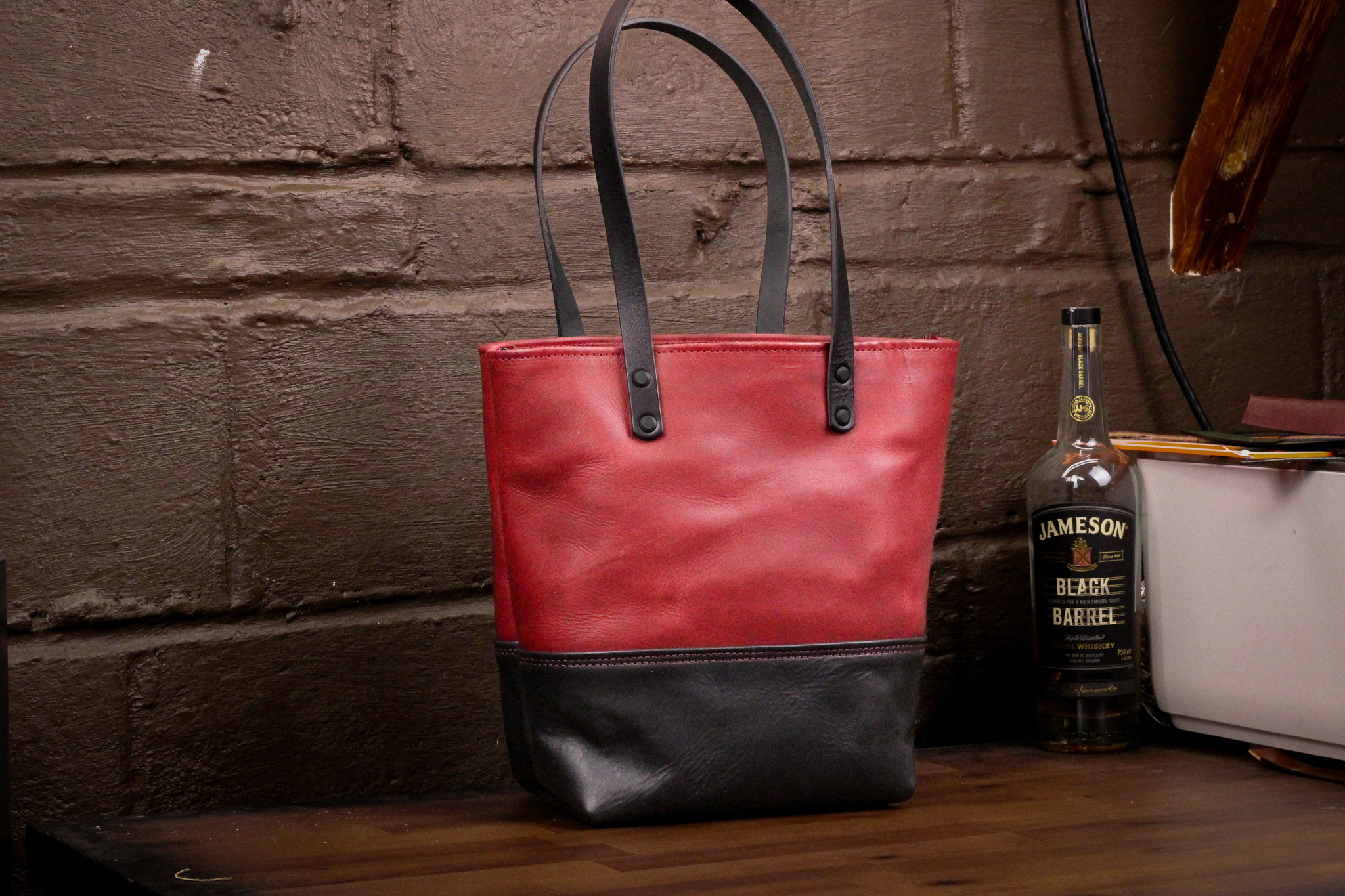 Double Panel Leather Tote Bag - Bordeaux & Black Minerva