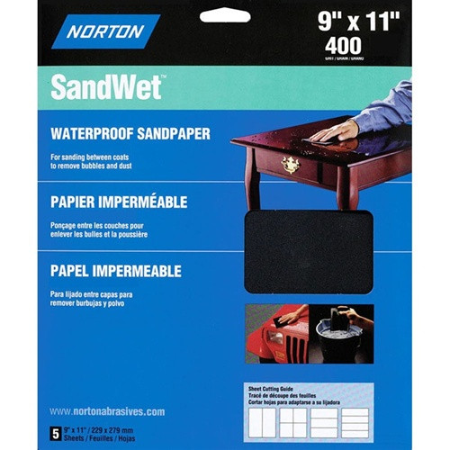 Norton 9" X 11" SandWet Waterproof Sandpaper 400 Grit Super Fine 5 Pack 48060 - (Box of 10)