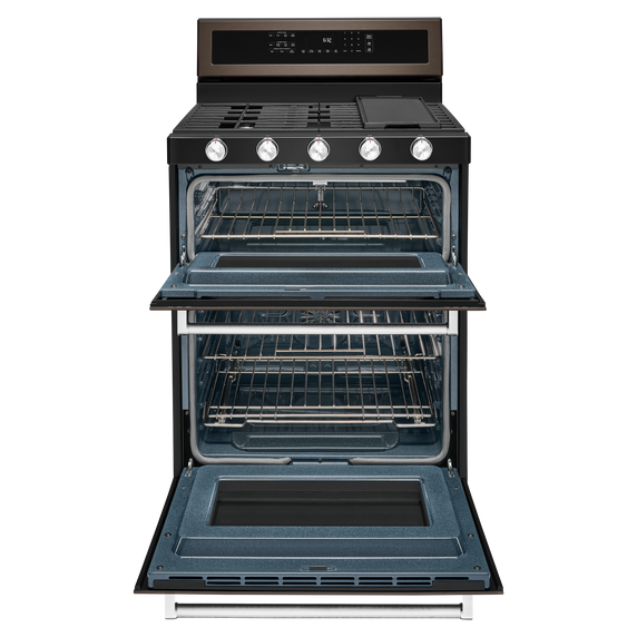 Kitchenaid® 30-Inch 5 Burner Gas Double Oven Convection Range KFGD500EBS