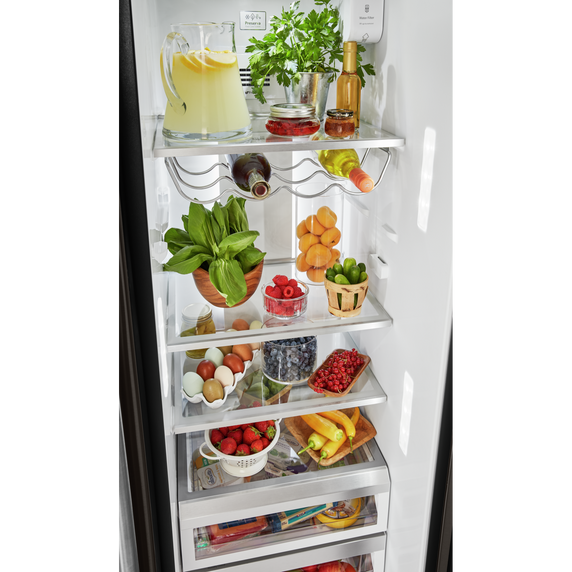 Kitchenaid® 22.6 cu ft. Counter-Depth Side-by-Side Refrigerator with Exterior Ice and Water and PrintShield™ finish KRSC703HBS