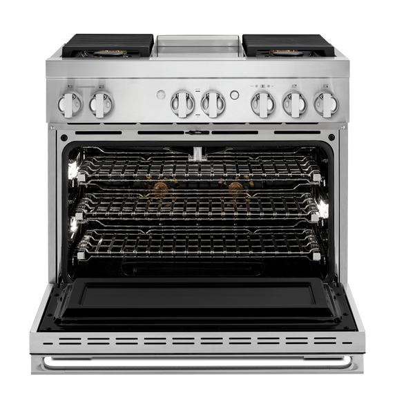 Jennair® NOIR™ 36 Dual-Fuel Professional-Style Range with Chrome-Infused Griddle and Steam Assist JDSP536HM