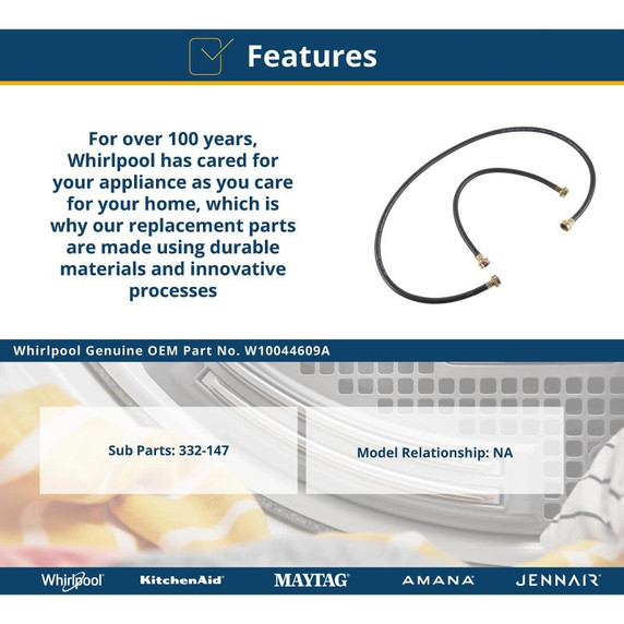 Hose Kit for Steam Dryer - (1) 3' hose, (1) 5' hose W10044609A Hose Kit for Steam Dryer - (1) 3' hose, (1) 5' hose W10044609A