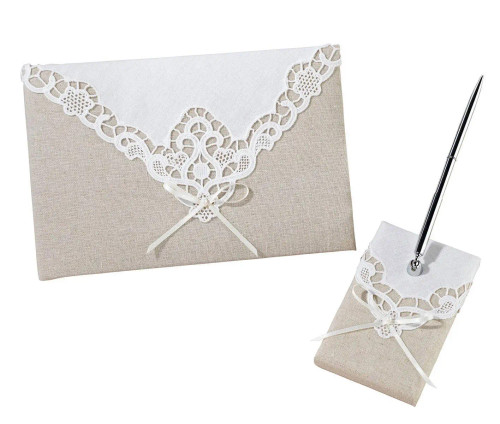 Country Lace Wedding Guest Book and Pen Set