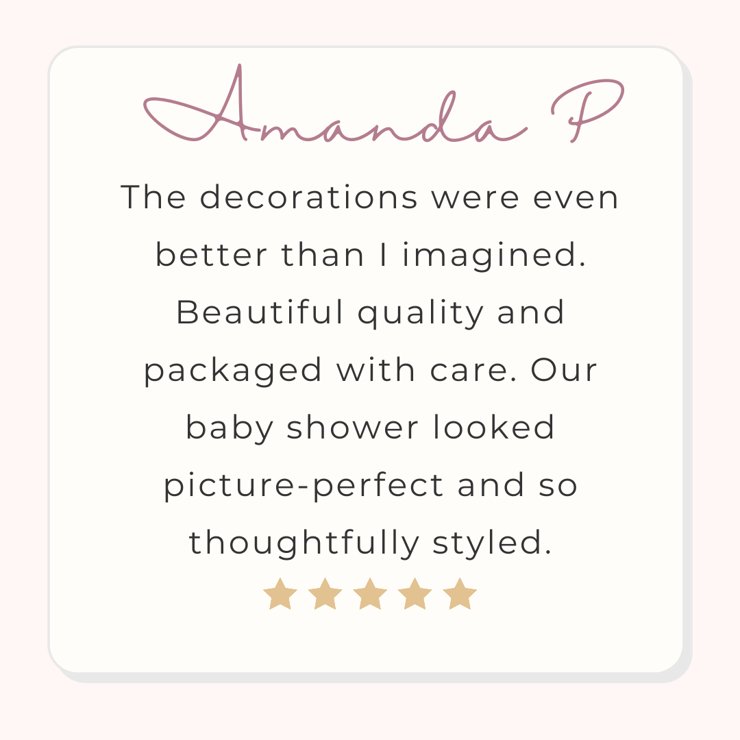 5-star customer review about baby shower decorations and fast delivery