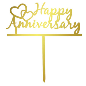 Gold Happy Anniversary Double Heart Cake Topper