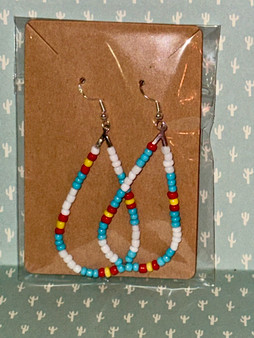 Beaded Teardrop Dangle Earrings - Native American Style - White, Teal, Red, Yellow