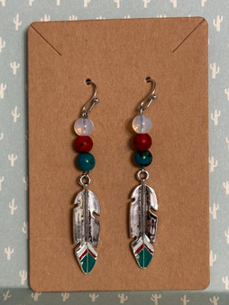 Feather Charm & Beaded Dangle Earrings - Red, White, Teal