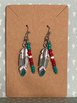 Feather Charm & Beaded Earrings - Red, White, Teal