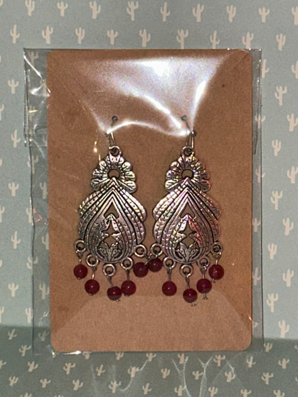 Silver & Maroon Chandelier Style Dangle Earrings