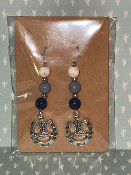 Dangle earrings with cowboy boot and horseshoe charm. Southwestern rodeo fashion earrings.