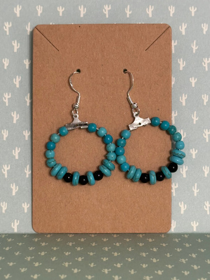 Turquoise and black beaded hoop dangle earrings. Southwestern rodeo fashion earrings.