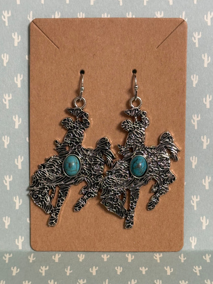 Bucking Bronco & Rider Dangle Earrings - Turquoise & Silver