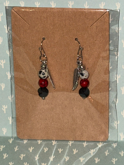 Beaded dangle earrings with feather charm. Southwest rodeo fashion earrings.