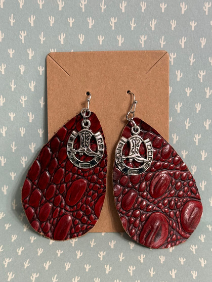 Red Leather & Silver Boot Charm Teardrop Earrings