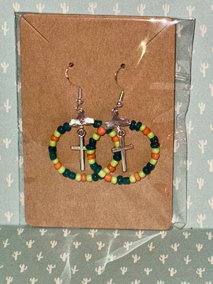 Beaded Hoop Earrings with Cross Charm - Green and Orange