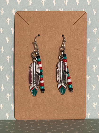 Feather Charm & Beaded Earrings - Red, White, Teal, Black
