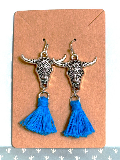 Steer Skull Tassel Dangle Earrings - Blue